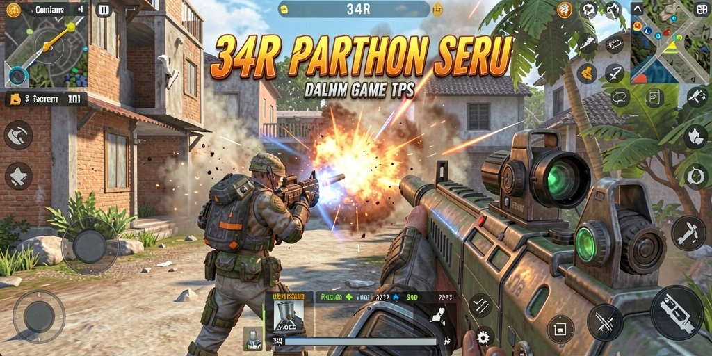 Screenshot gameplay 34R menampilkan aksi pertempuran TPS yang mendebarkan.