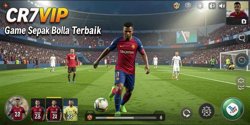 Tangkapan layar utama dari gameplay CR7VIP yang menampilkan aksi sepak bola intens.
