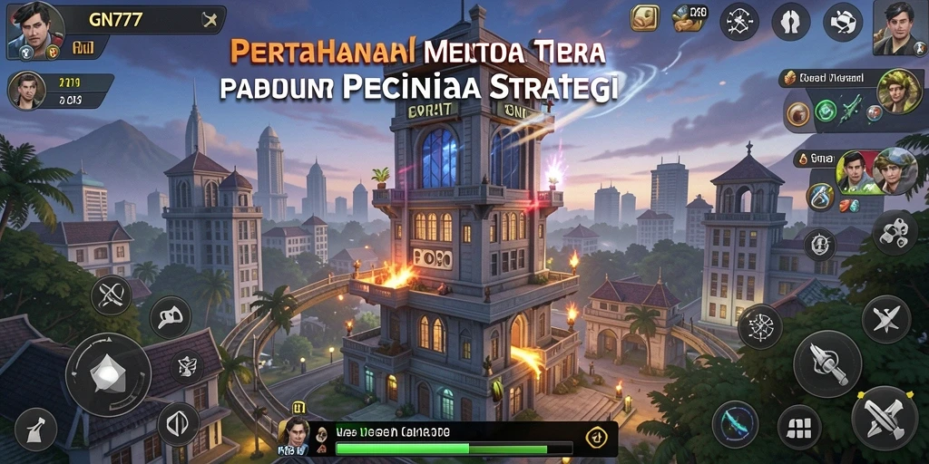 Tangkapan layar gameplay GN777 yang menunjukkan menara beraksi dalam pertahanan.