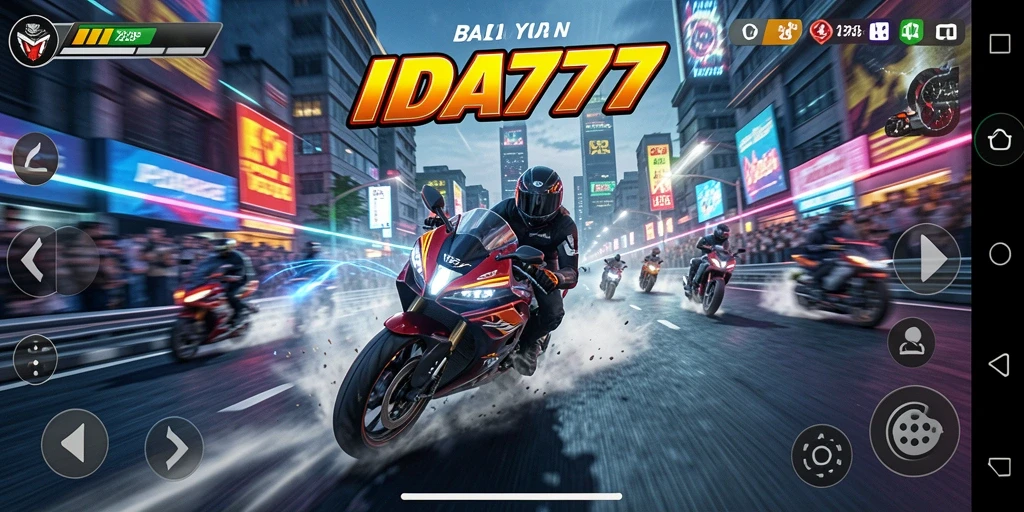 Tampilan gameplay menegangkan dari IDA777 dengan balapan motor yang seru.
