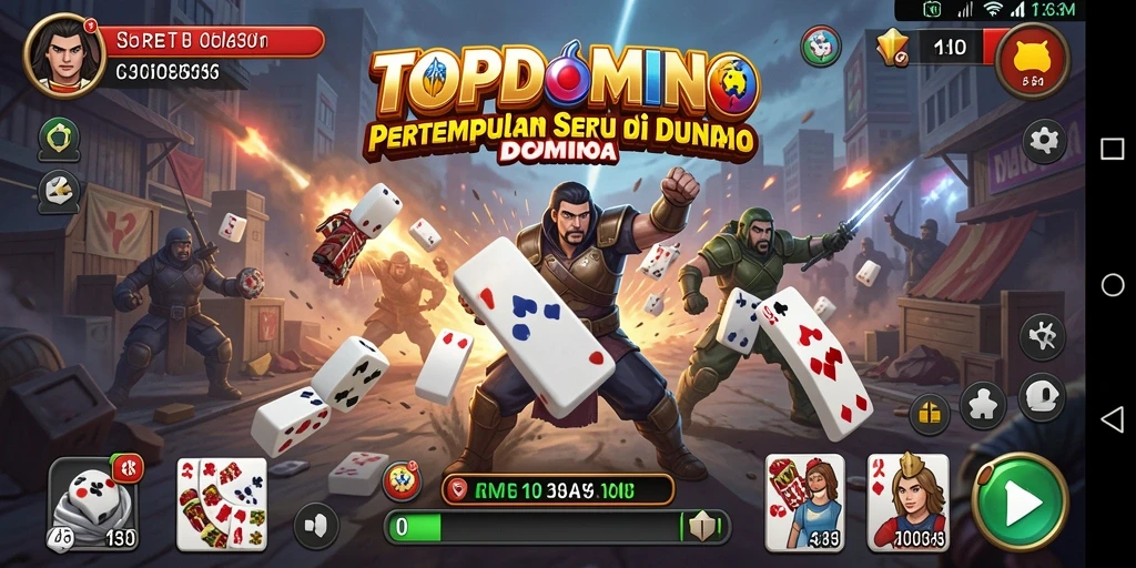 Screenshot gameplay TOPDOMINO menunjukkan aksi mendebarkan di medan perang.